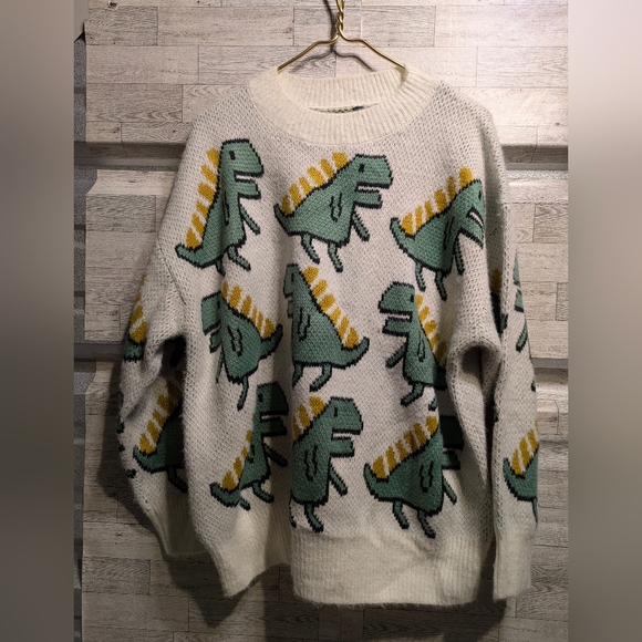 madqiaom Other - Playful Dinosaur Crewneck Sweater - Cream and Green